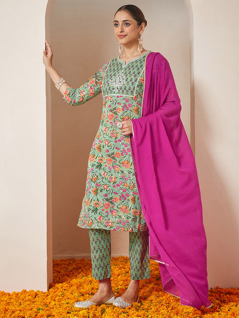 Janasya Women's Mint Green Pure Cotton Yoke Embroidered Floral Printed Straight Kurta Set
